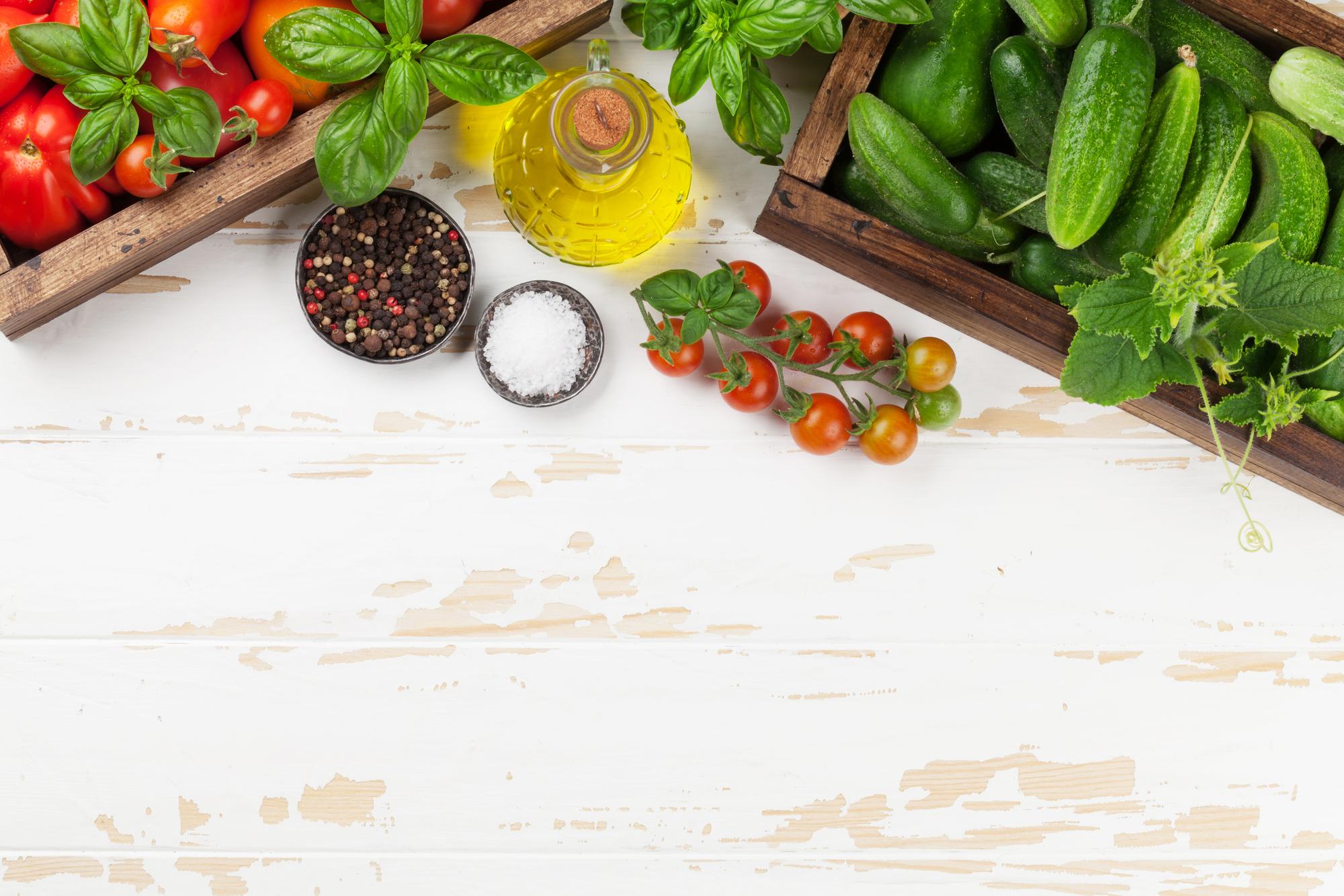 Close view of fresh market produce on a wooden table